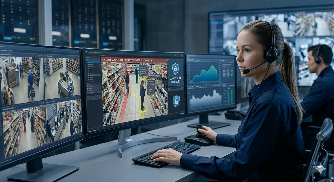 Security guard monitoring AI cameras